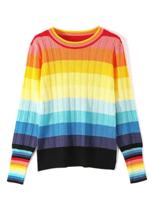 New Multicolor Rainbow Sweater Autumn Winter Women Sweater O-Neck Knitted Jumper Top Loose Casual Warm Femme Sweater C-144