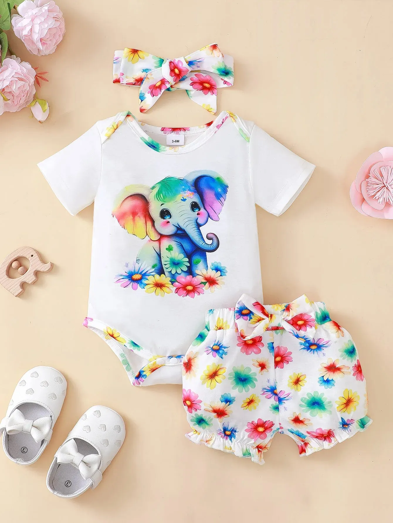 Newborn Baby Girl Clothing Set Short Sleeved Elephant Bodysuit Flower Shorts Summer Casual Outfits for 0-24 Months Toddler 3pcs