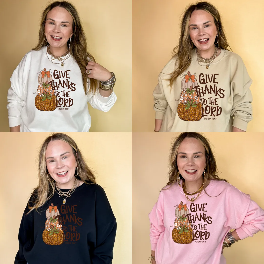 Online Exclusive | Give Thanks to the Lord Stacked Autumn Pumpkins with Bow Graphic Sweatshirt in Multiple Color Options