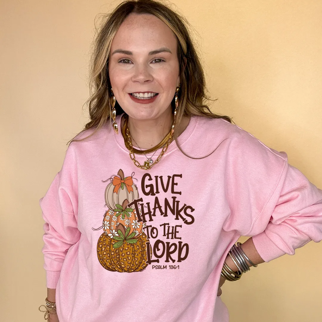 Online Exclusive | Give Thanks to the Lord Stacked Autumn Pumpkins with Bow Graphic Sweatshirt in Multiple Color Options