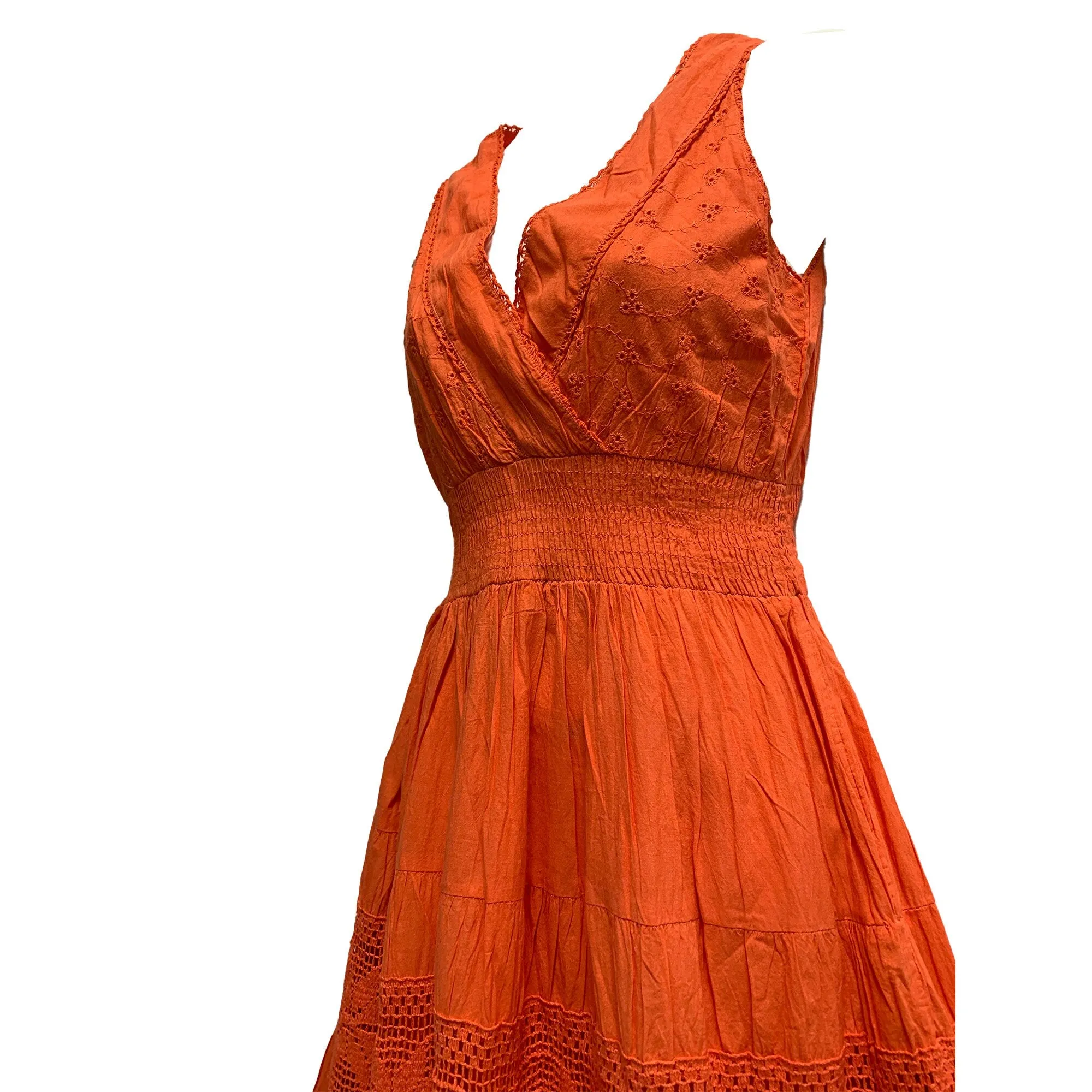 Orange Embroidered Lace Wrapped V-Neck Sleeveless Tiered Bohemian Ruffled Maxi pure Cotton Long Dress #2 (Small)