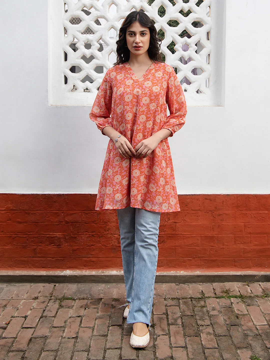 Orange Georgette Floral Tunic  - By Janasya