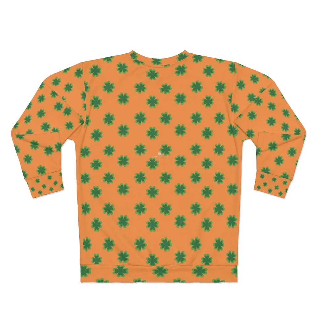 Orange St. Patty's Day Sweatshirt, Orange St. Patrick's Day Green Clover Print Unisex Couple's Sweatshirt- Made in USA