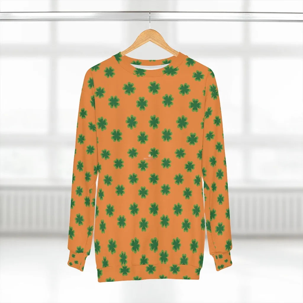 Orange St. Patty's Day Sweatshirt, Orange St. Patrick's Day Green Clover Print Unisex Couple's Sweatshirt- Made in USA