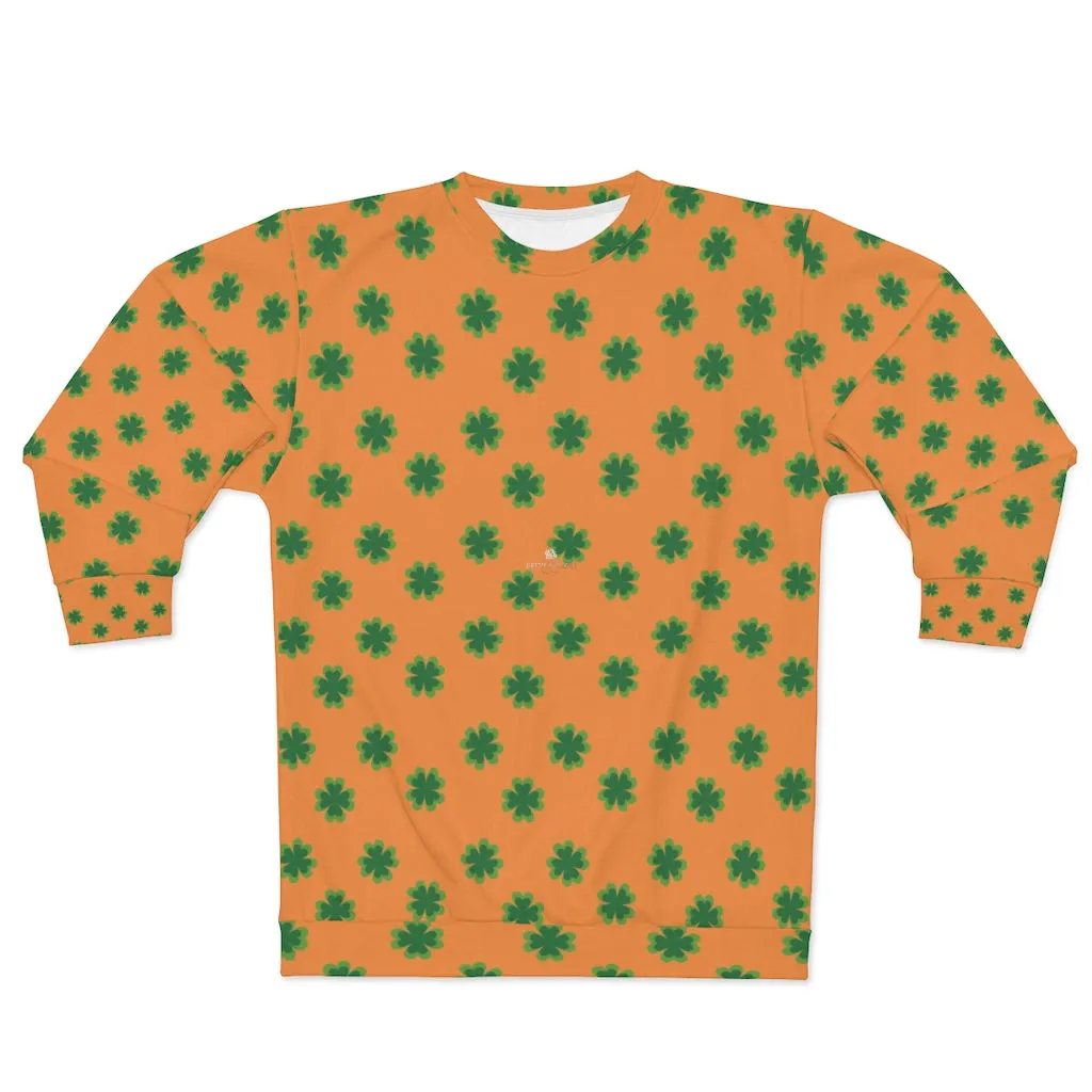 Orange St. Patty's Day Sweatshirt, Orange St. Patrick's Day Green Clover Print Unisex Couple's Sweatshirt- Made in USA