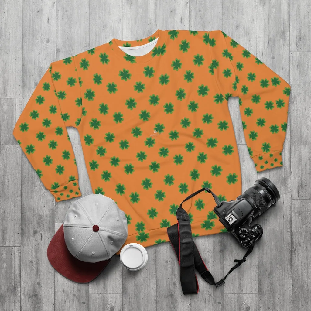 Orange St. Patty's Day Sweatshirt, Orange St. Patrick's Day Green Clover Print Unisex Couple's Sweatshirt- Made in USA