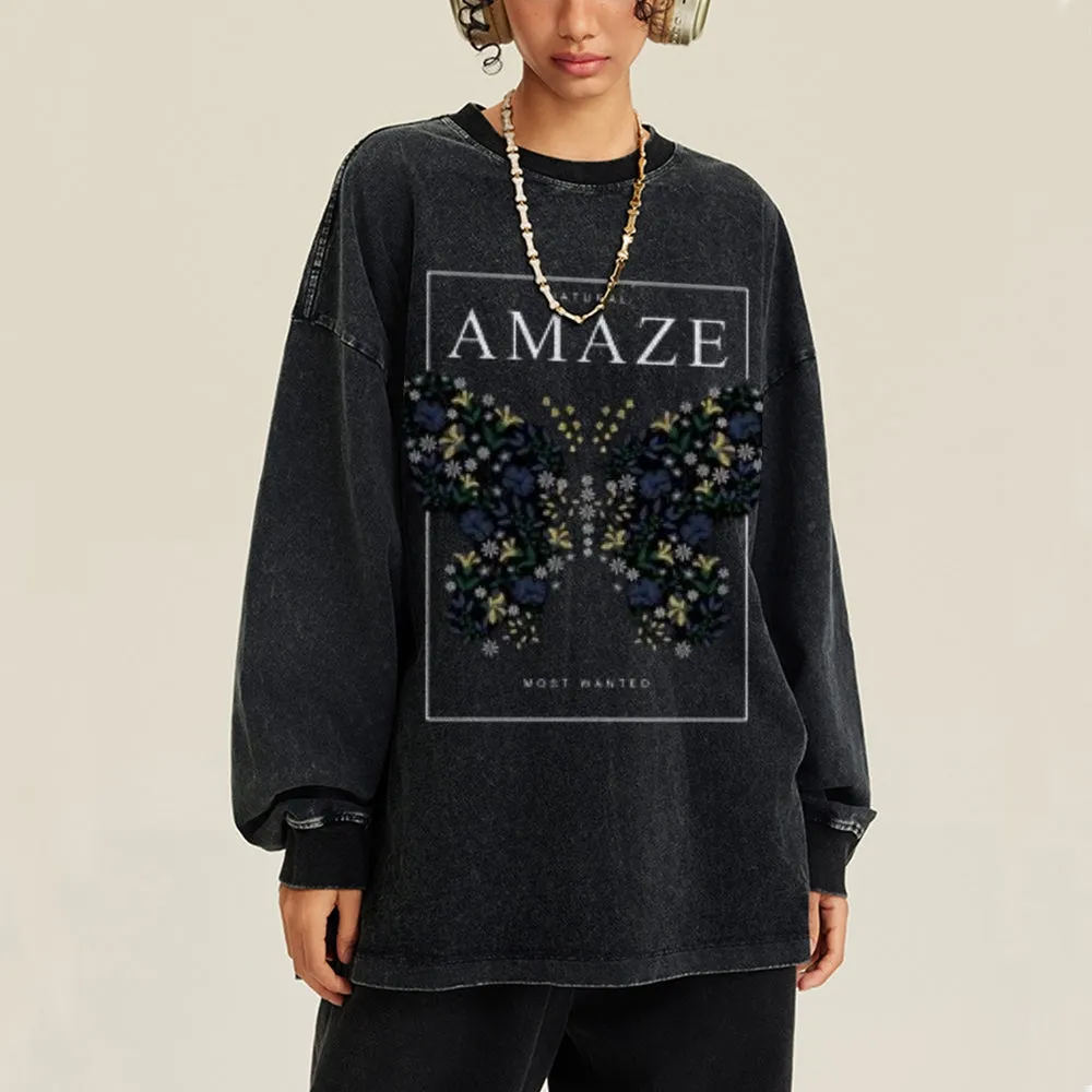 Oversized Vintage Washed Amaze Butterfly Graphic Sweatshirt