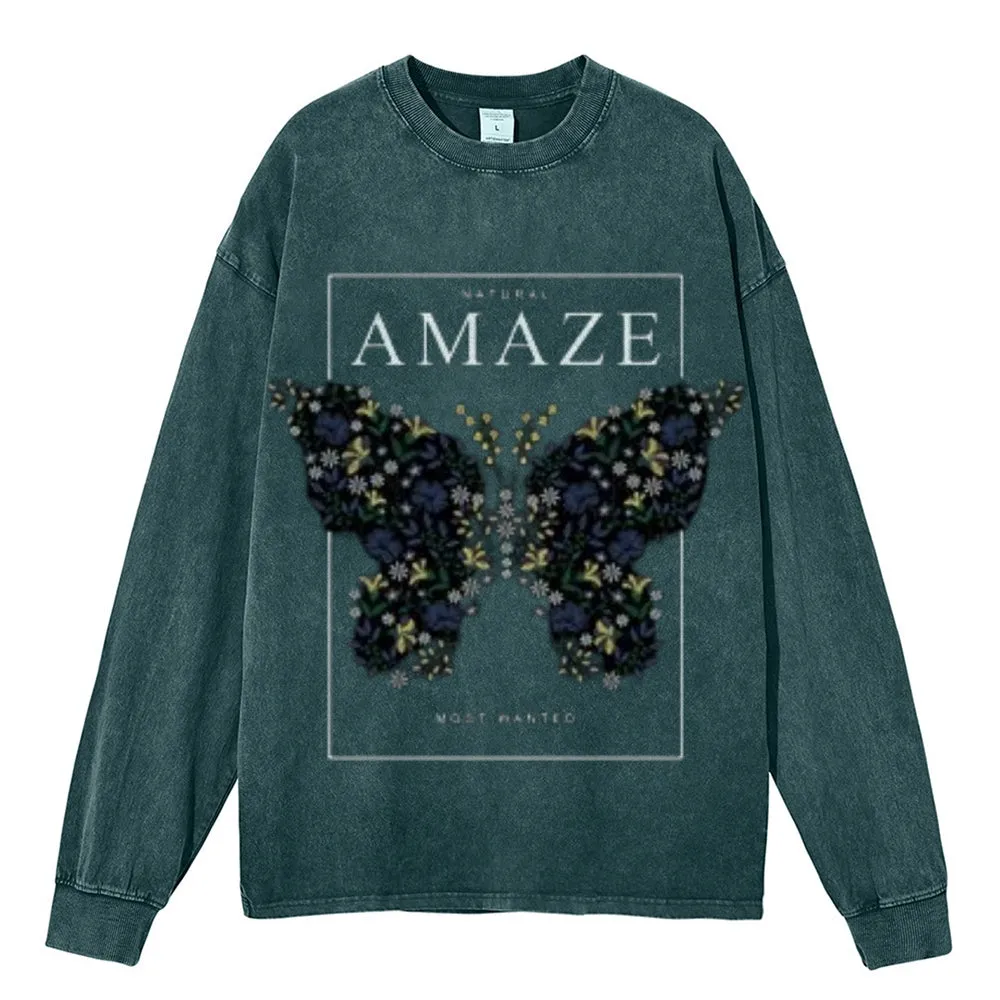 Oversized Vintage Washed Amaze Butterfly Graphic Sweatshirt