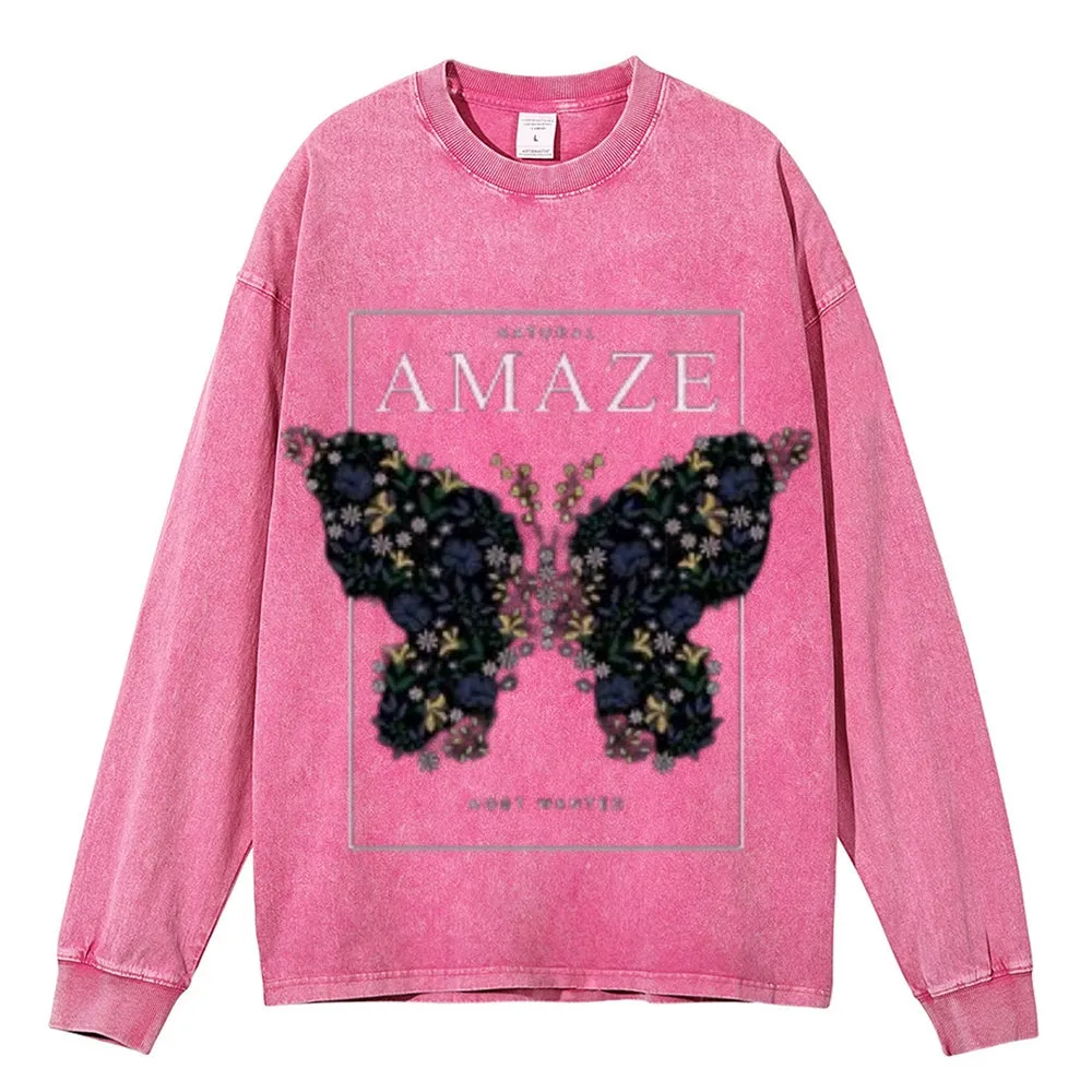 Oversized Vintage Washed Amaze Butterfly Graphic Sweatshirt