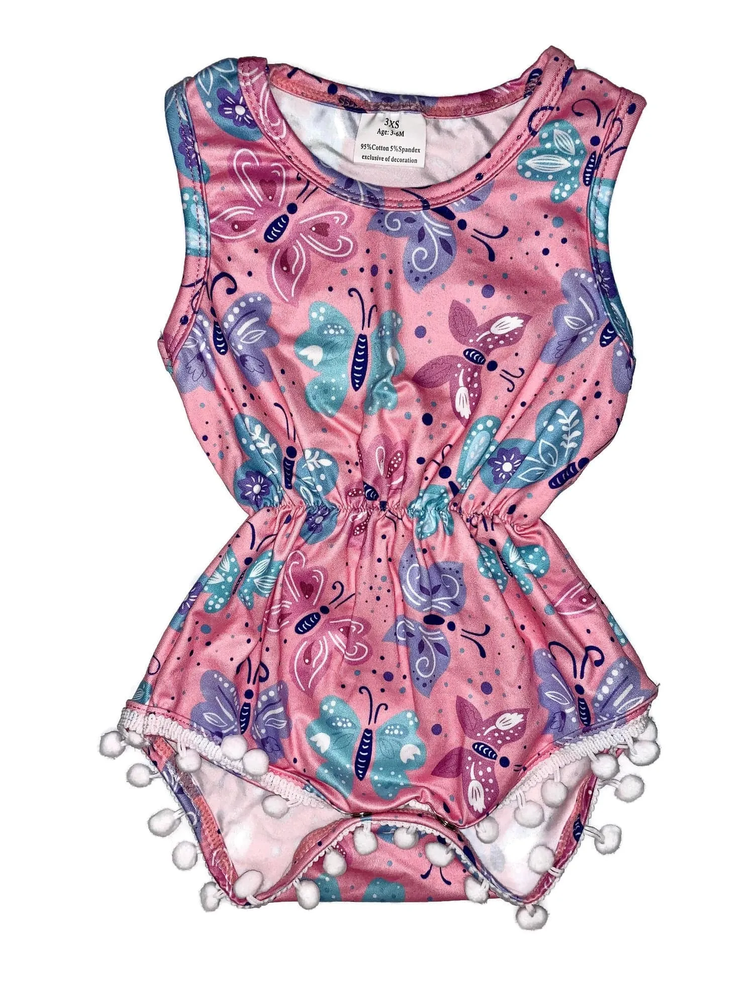 Pink Pastel Butterfly Milk Silk Pom Pom Romper