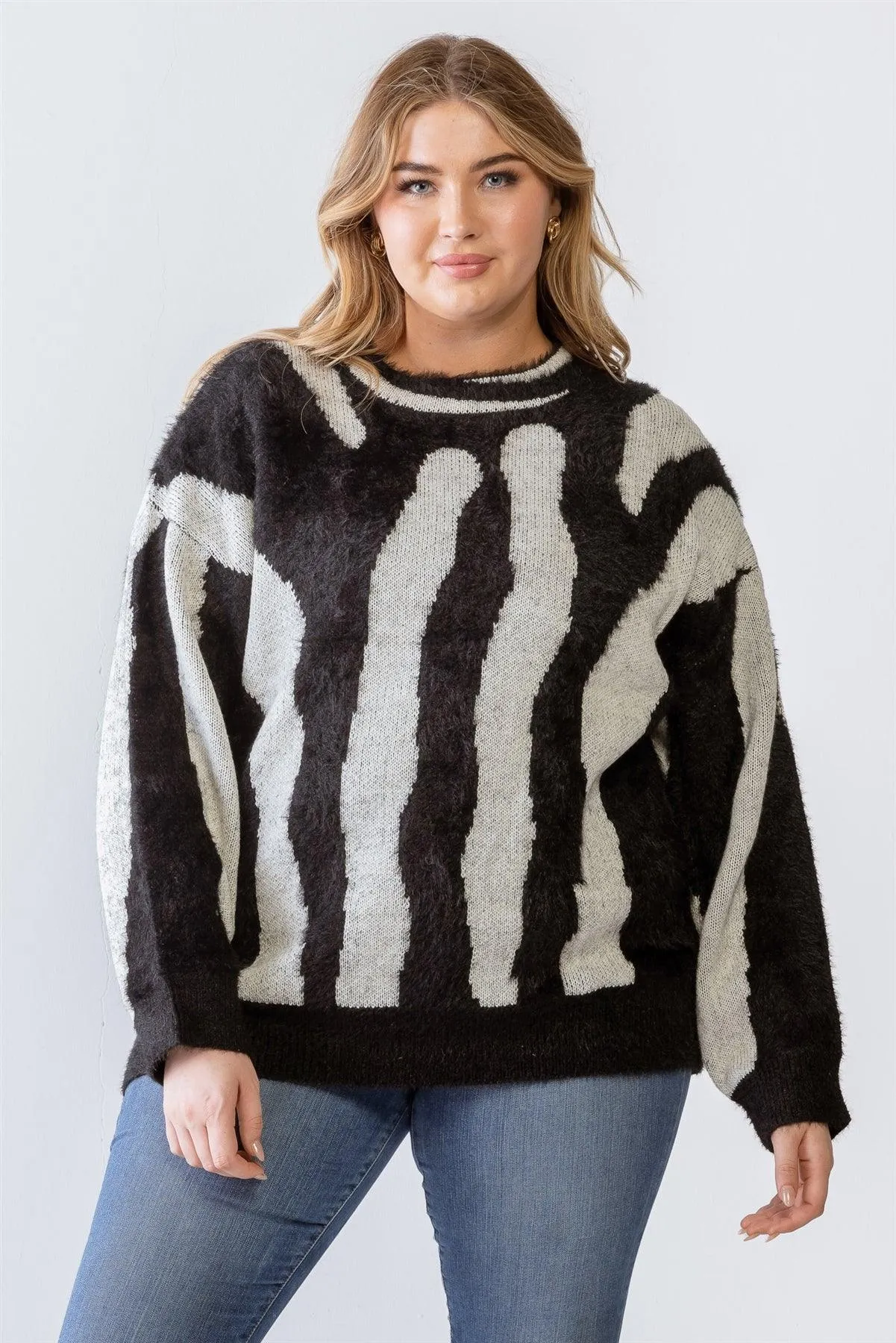 Plus Size Knit Fuzzy Zebra Animal Print Sweater /3-2-1