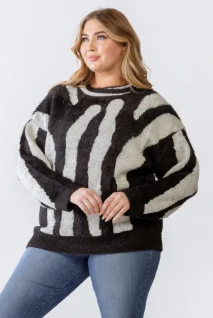 Plus Size Knit Fuzzy Zebra Animal Print Sweater /3-2-1