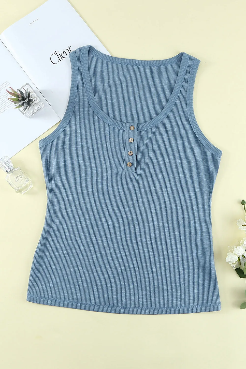 Plus Size Quarter Button Ribbed Tank