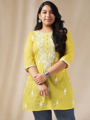 Plus Size Yellow Cotton Chikankari Regular Tunic  - By Janasya