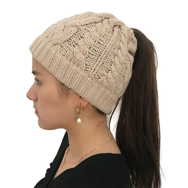 Ponytail Beanie Hat Woolen Stretch Crochet