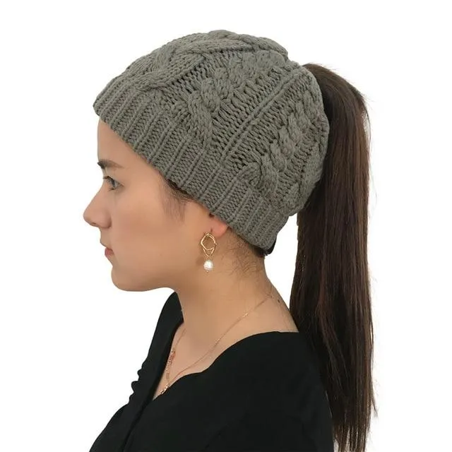 Ponytail Beanie Hat Woolen Stretch Crochet