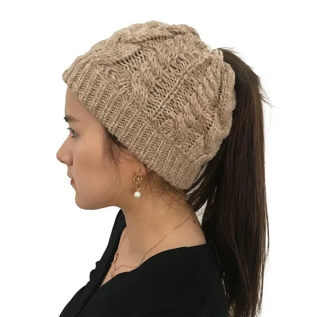 Ponytail Beanie Hat Woolen Stretch Crochet