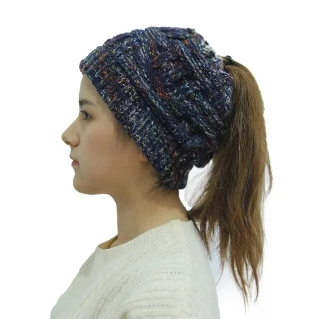 Ponytail Beanie Hat Woolen Stretch Crochet