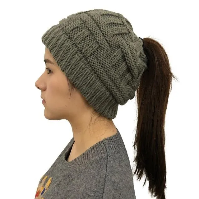 Ponytail Beanie Hat Woolen Stretch Crochet