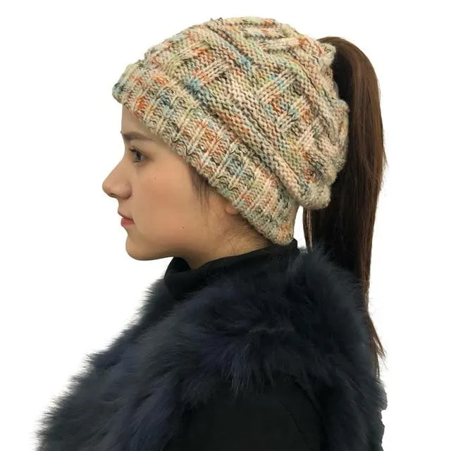 Ponytail Beanie Hat Woolen Stretch Crochet