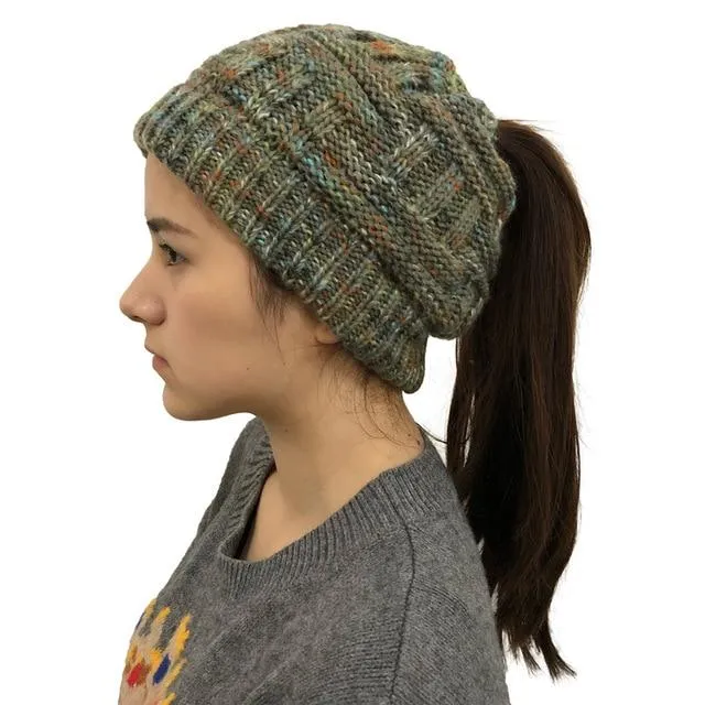 Ponytail Beanie Hat Woolen Stretch Crochet