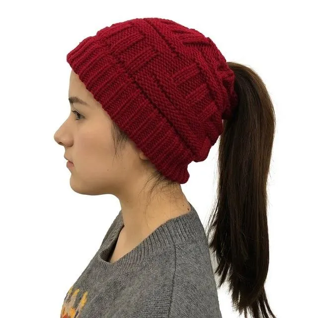 Ponytail Beanie Hat Woolen Stretch Crochet