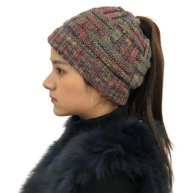 Ponytail Beanie Hat Woolen Stretch Crochet