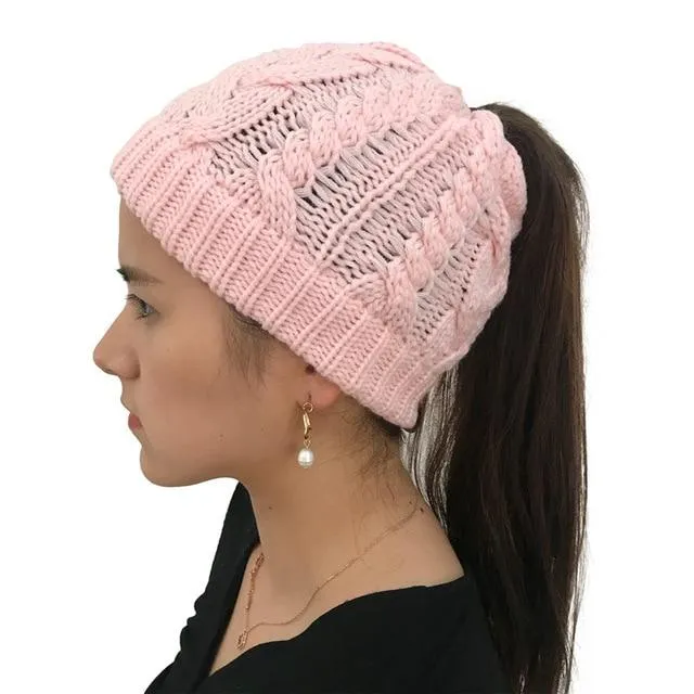 Ponytail Beanie Hat Woolen Stretch Crochet