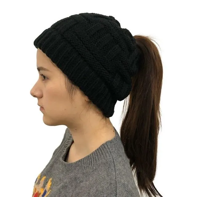 Ponytail Beanie Hat Woolen Stretch Crochet