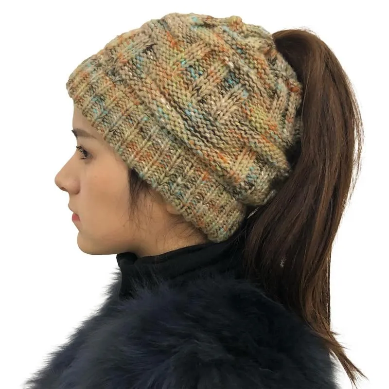 Ponytail Beanie Hat Woolen Stretch Crochet