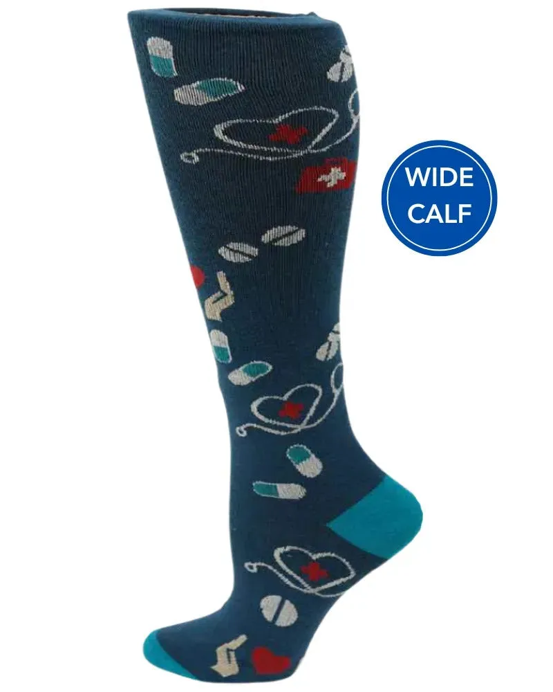 Pro-Motion Women's Wide Calf Compression Socks | Navy Medical Symbols