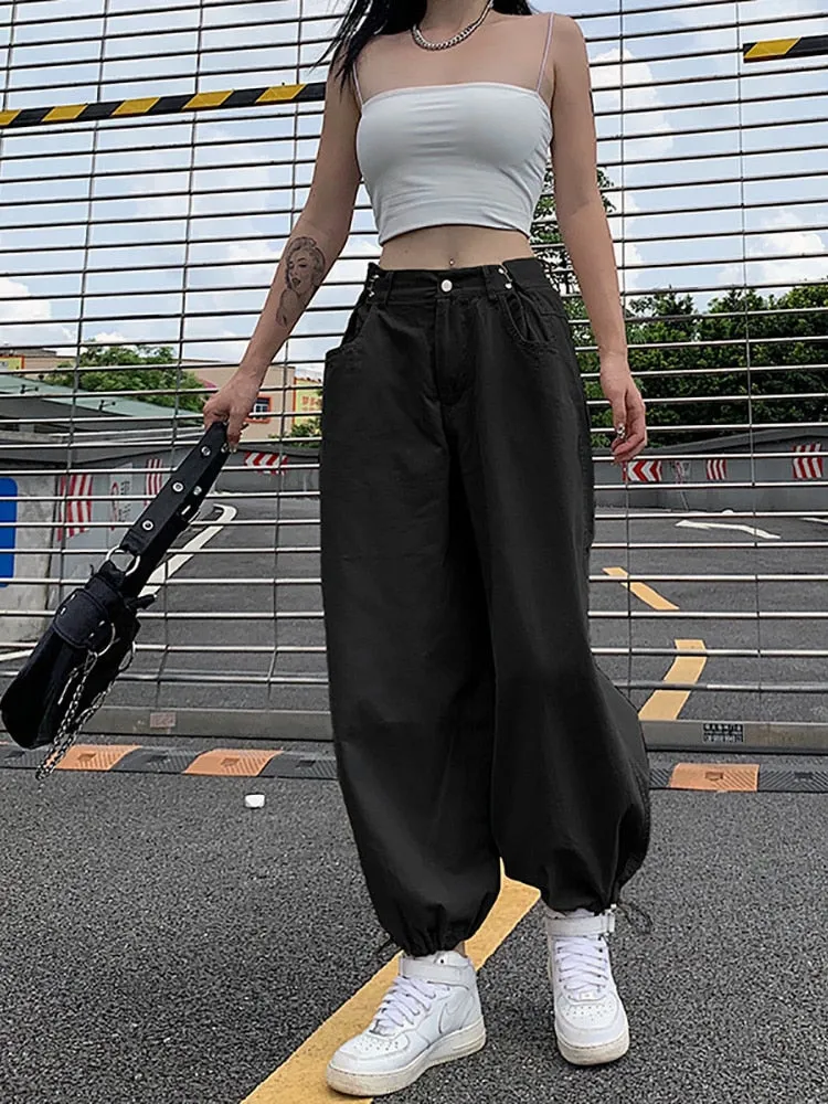 Purpdrank - Y2K Fashion Khaki Oversized Cargo Pants Hip Hop Style Loosed Adjustable Waist Drawstring Long Pant Streetwear 90s Autumn