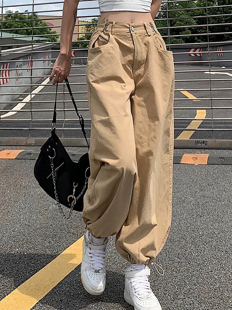 Purpdrank - Y2K Fashion Khaki Oversized Cargo Pants Hip Hop Style Loosed Adjustable Waist Drawstring Long Pant Streetwear 90s Autumn