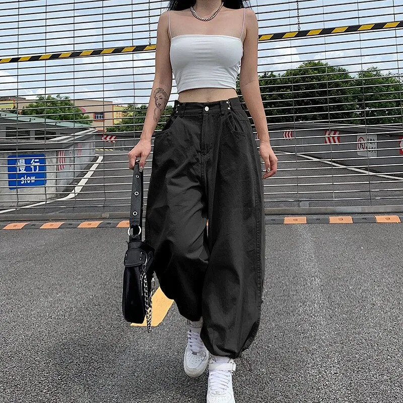 Purpdrank - Y2K Fashion Khaki Oversized Cargo Pants Hip Hop Style Loosed Adjustable Waist Drawstring Long Pant Streetwear 90s Autumn