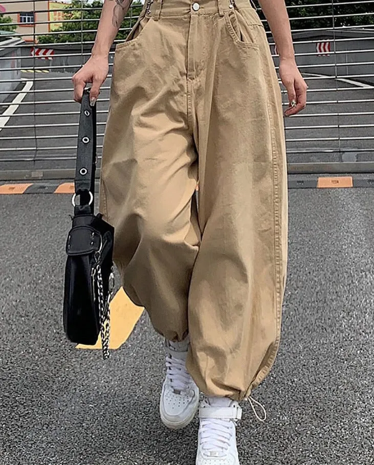 Purpdrank - Y2K Fashion Khaki Oversized Cargo Pants Hip Hop Style Loosed Adjustable Waist Drawstring Long Pant Streetwear 90s Autumn