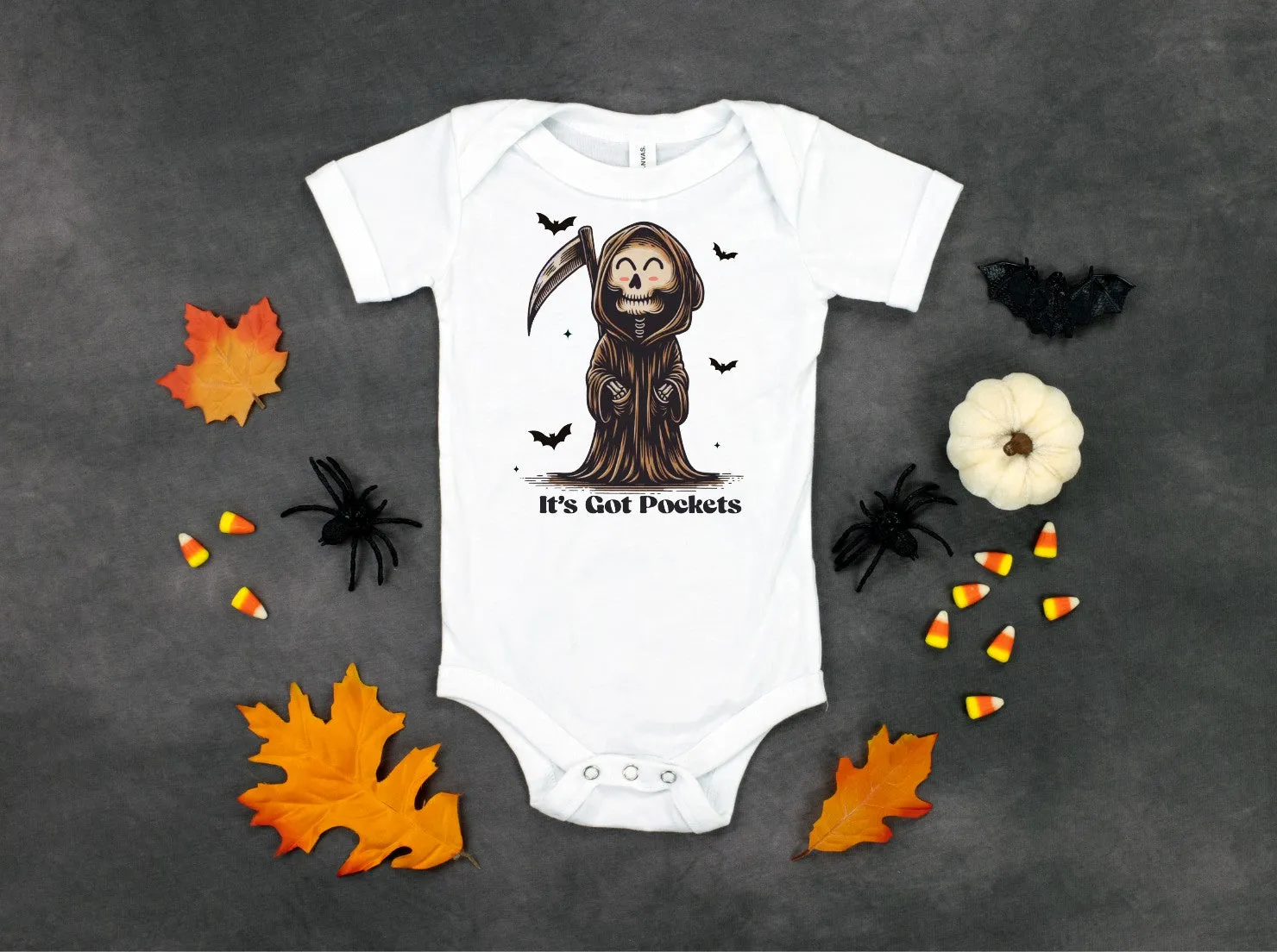 "It's Got Pockets" Grim Reaper Kids Halloween T-shirt or Bodysuit