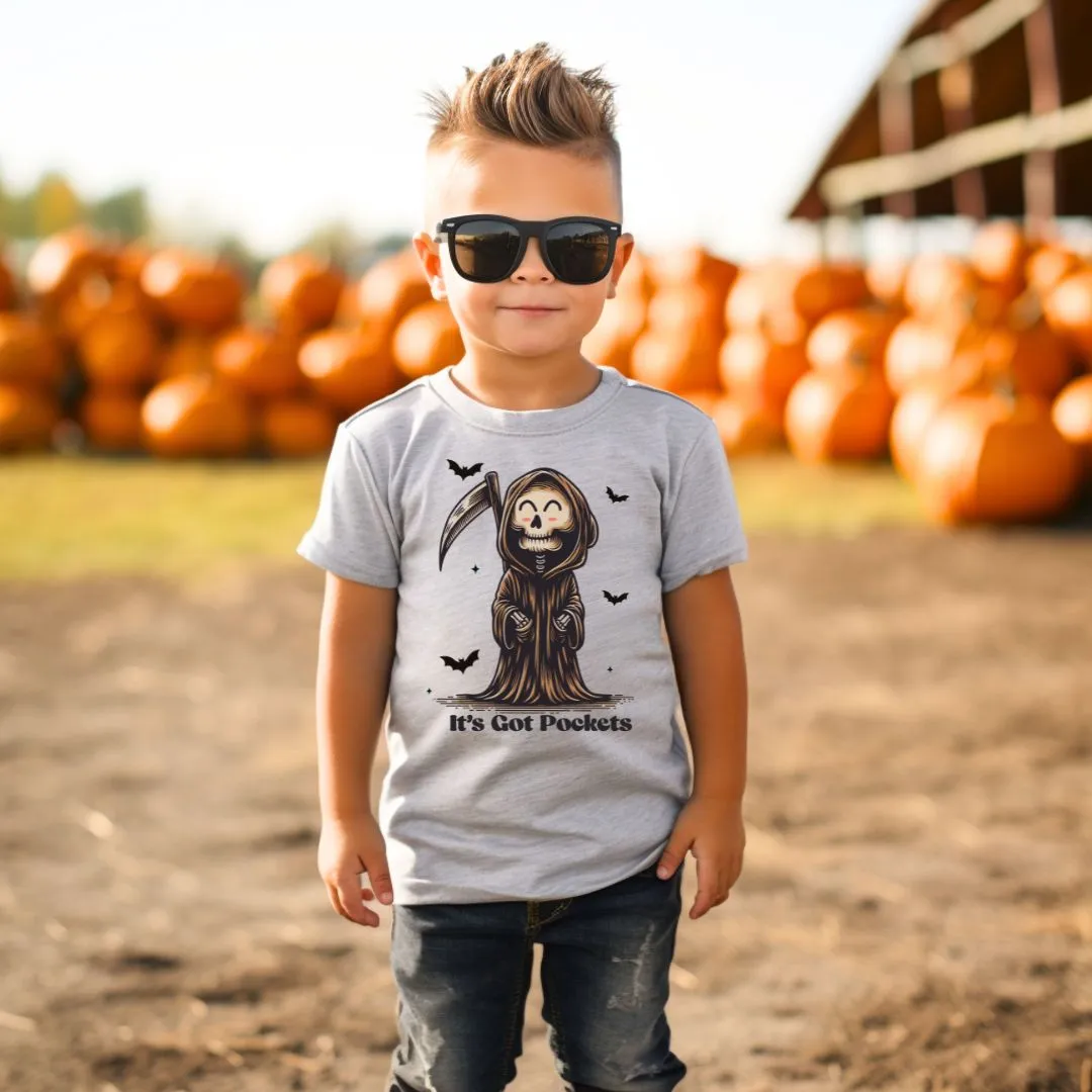 "It's Got Pockets" Grim Reaper Kids Halloween T-shirt or Bodysuit