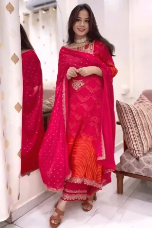 Real Mirror Work Pink Red Dress For Karwa Chauth