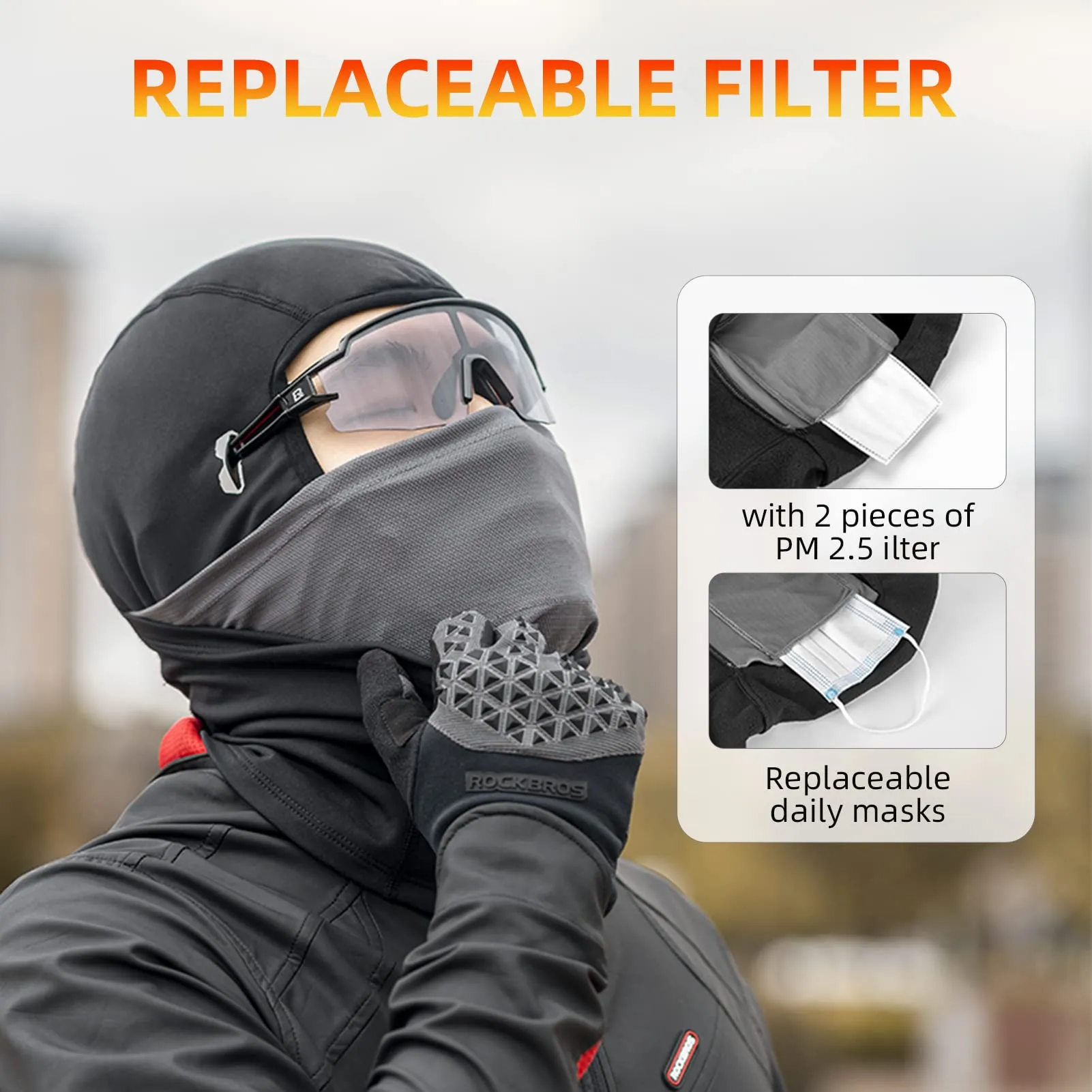 ROCKBROS Winter Ski Mask with Filter Pocket, Full Face Balaclava for Men Women