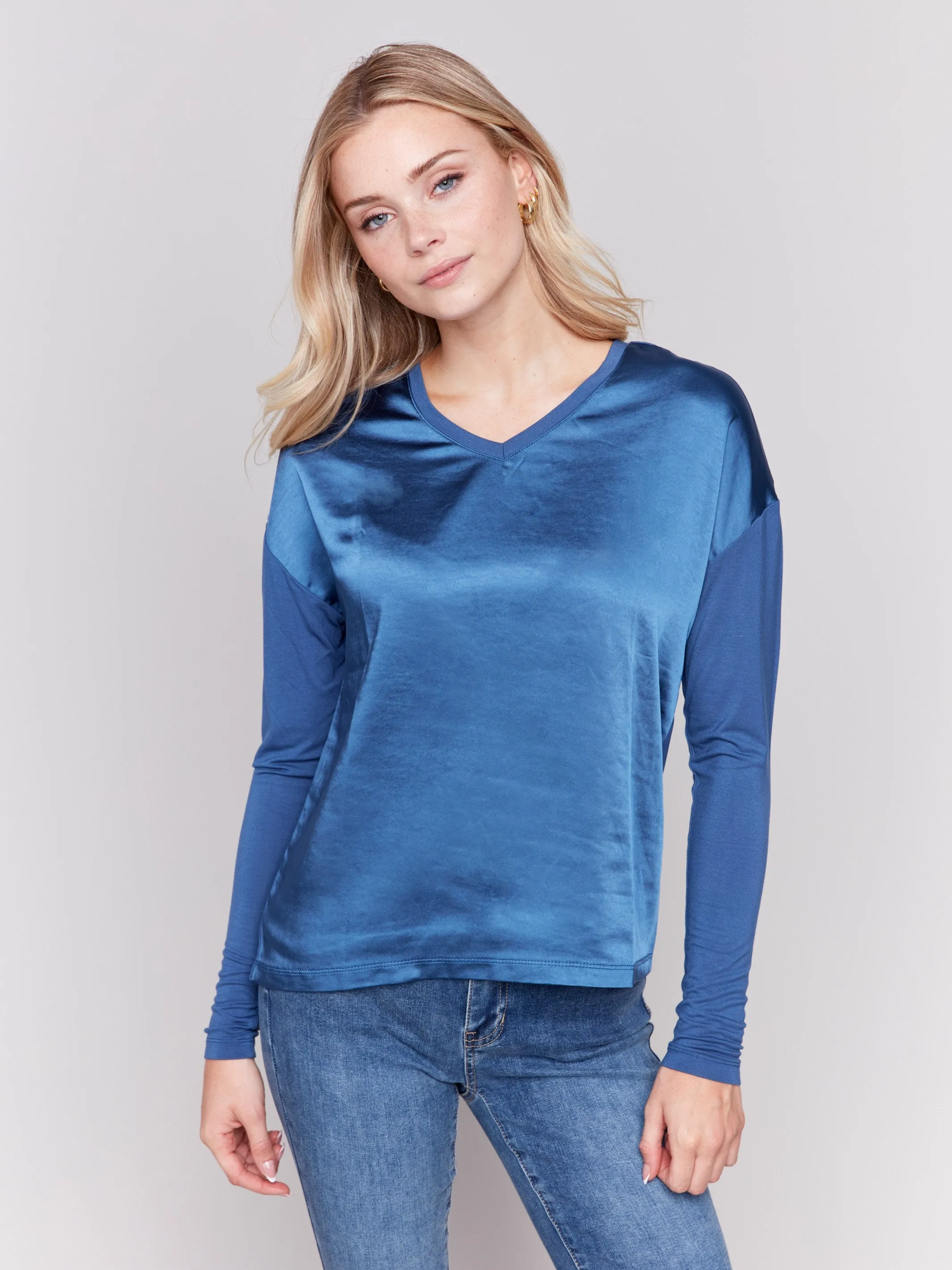 Satin And Jersey V-Neck Knit Top - Denim