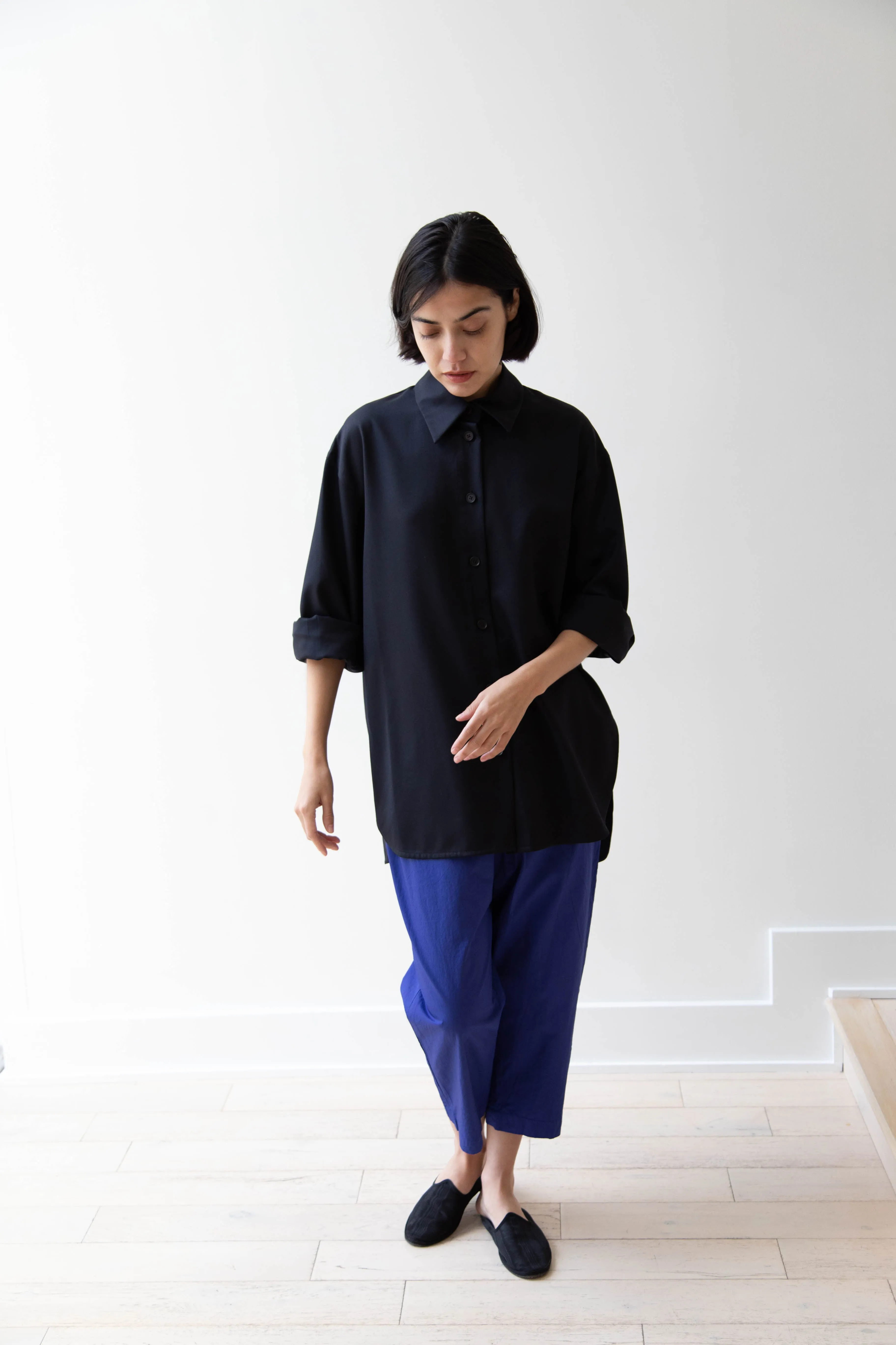 Sayaka Davis | Oversized Shirt in Navy Wool Gabardine