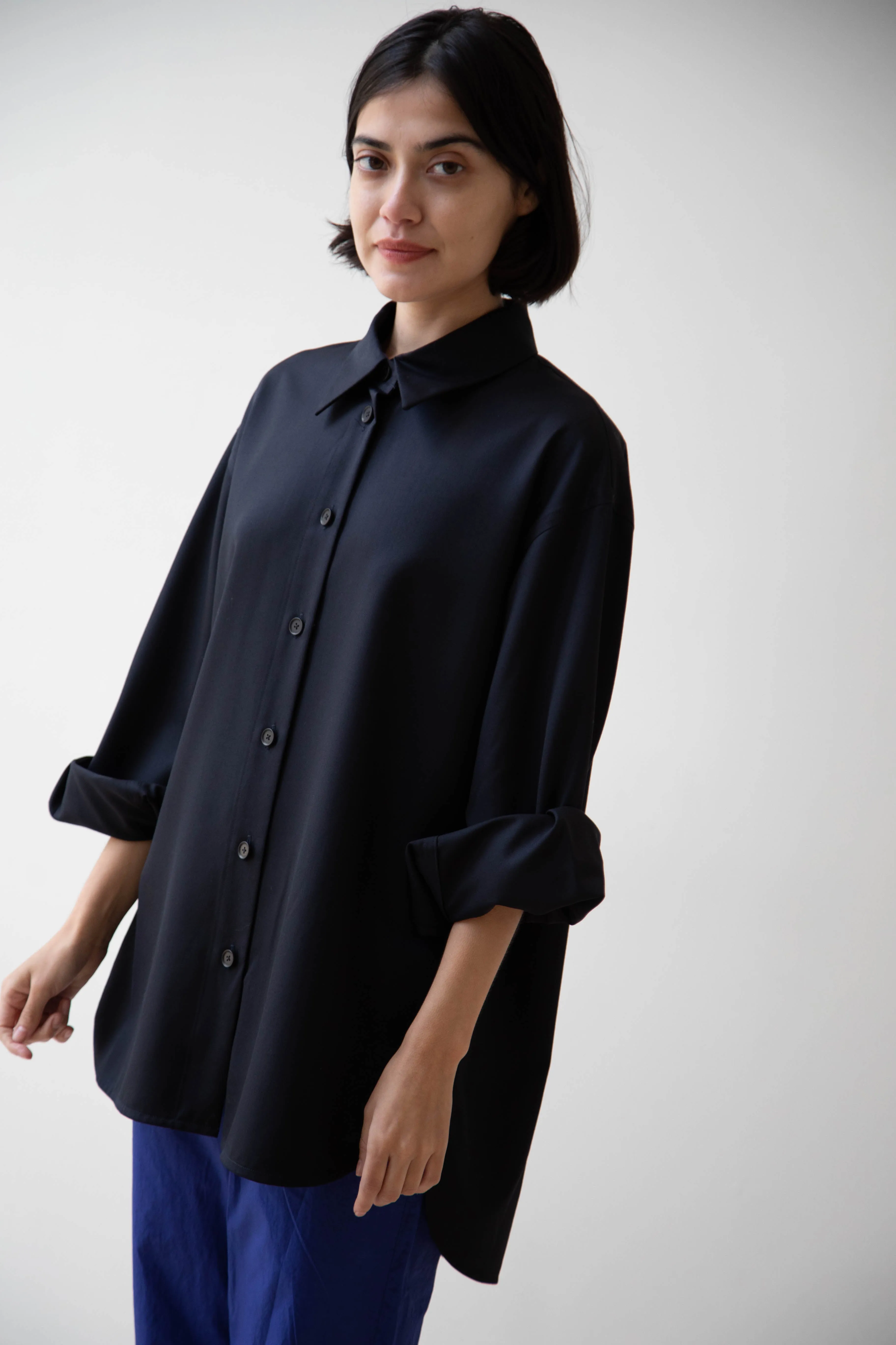 Sayaka Davis | Oversized Shirt in Navy Wool Gabardine