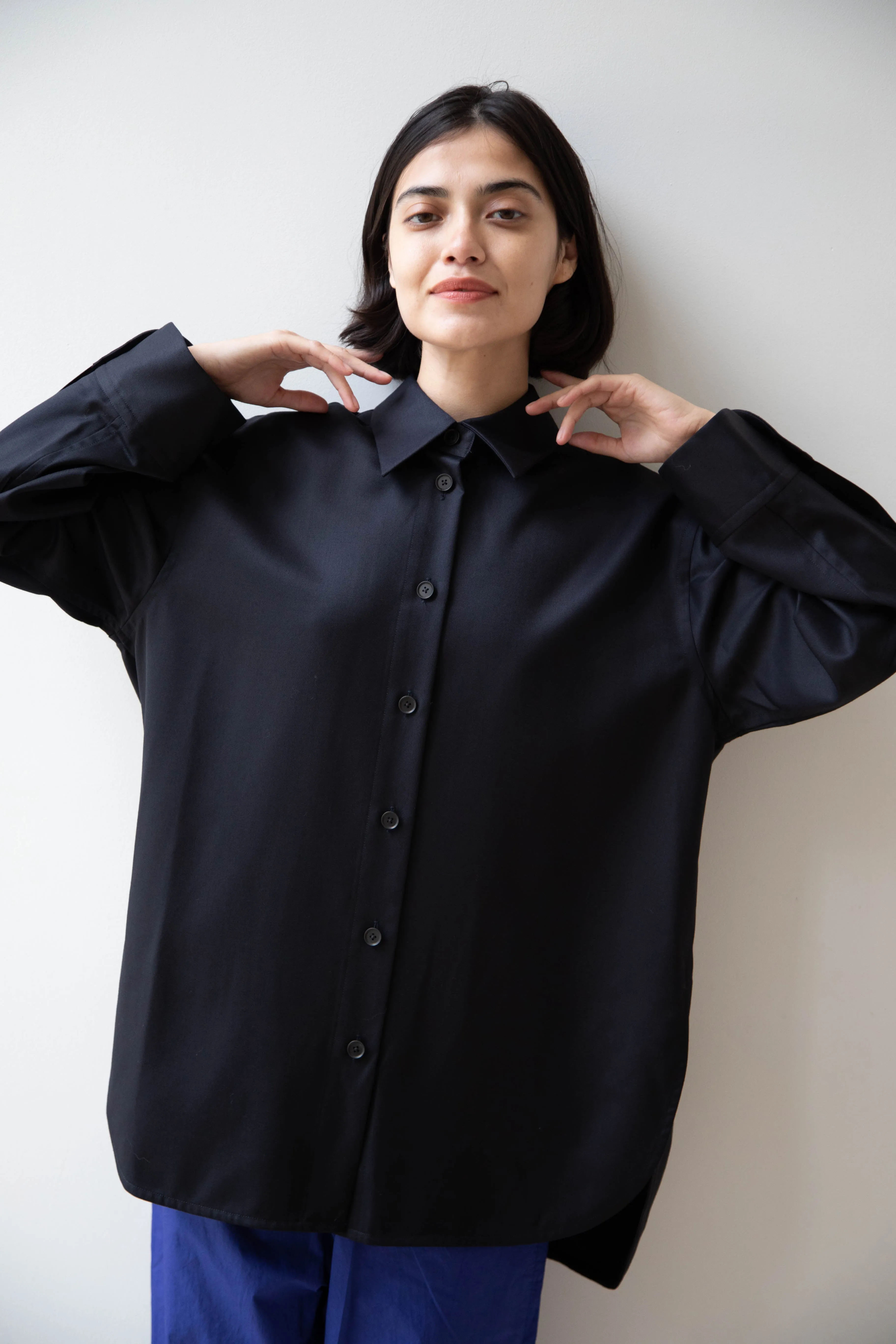 Sayaka Davis | Oversized Shirt in Navy Wool Gabardine