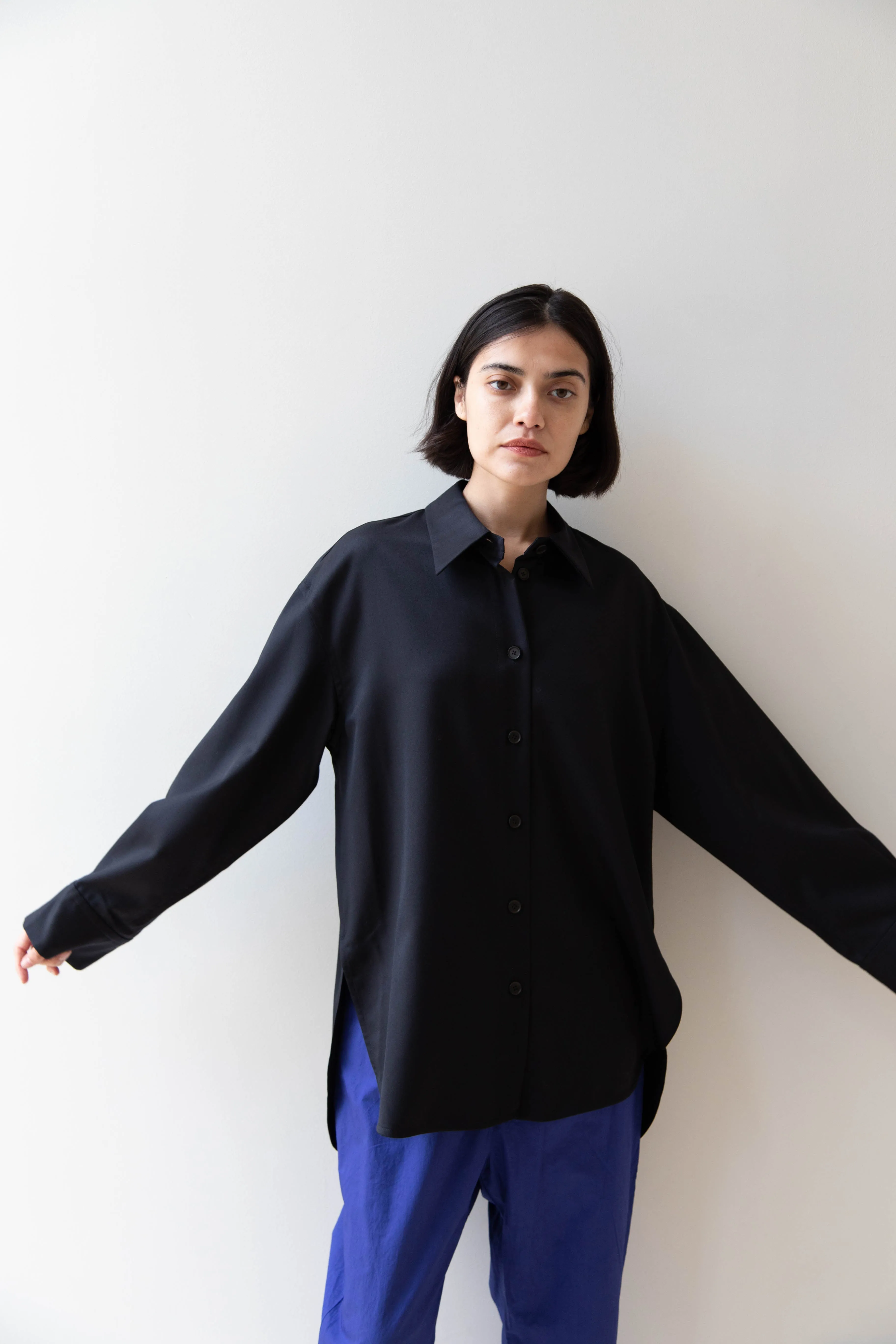 Sayaka Davis | Oversized Shirt in Navy Wool Gabardine