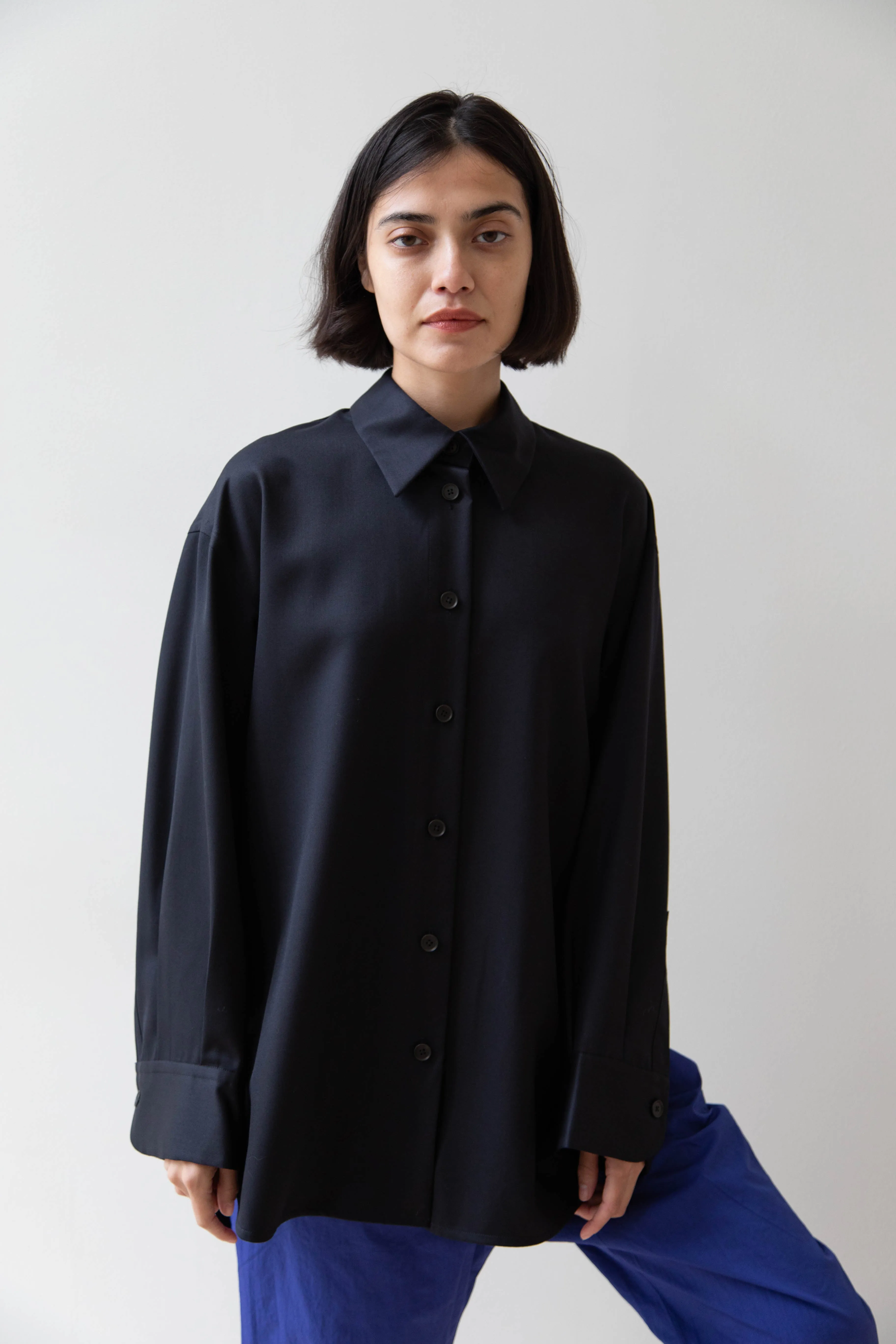 Sayaka Davis | Oversized Shirt in Navy Wool Gabardine