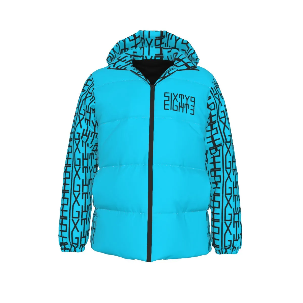 Sixty Eight 93 Infinity Logo Black Aqua Blue Unisex Hooded Puffer Jacket