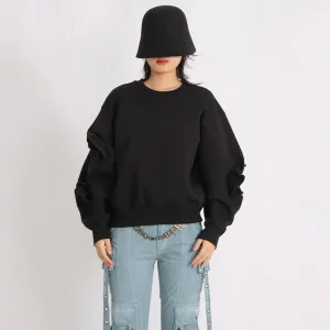 Solid Patchwork Bowknot Loose Sweatshirts For Women Round Neck Long Sleeve Casual Pullover Sweatshirt Female New