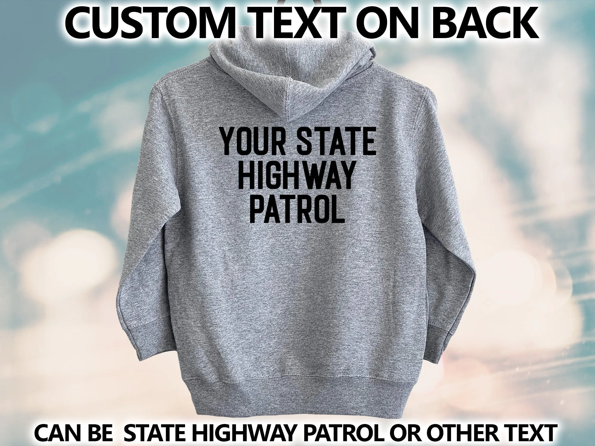 State Trooper Toddler Gray Heather Hoodie with Shield and Personalized Name - Optional Highway Patrol  or Other Text on Back