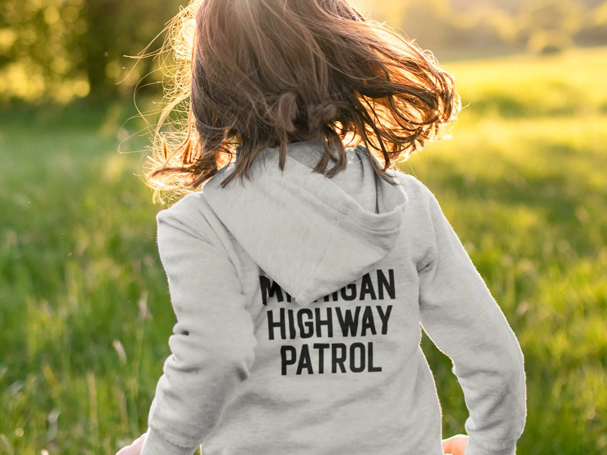 State Trooper Toddler Gray Heather Hoodie with Shield and Personalized Name - Optional Highway Patrol  or Other Text on Back