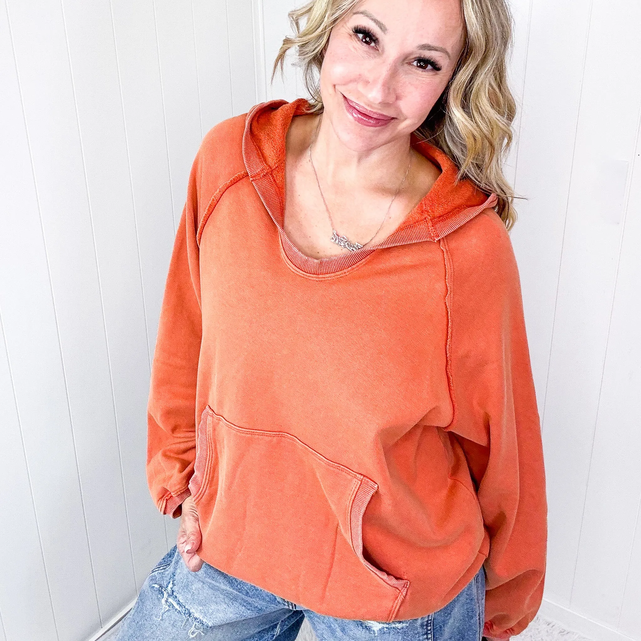 Street Chic Open V Neckline Terry Pullover Hoodie in 3 Options